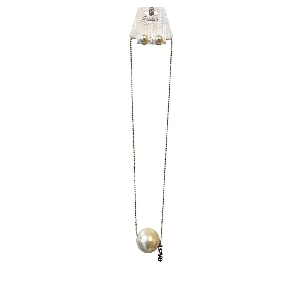 Sophia Collection Gold-Tone Necklace Earrings & Adjustable Ring Set W/Faux Pearl
